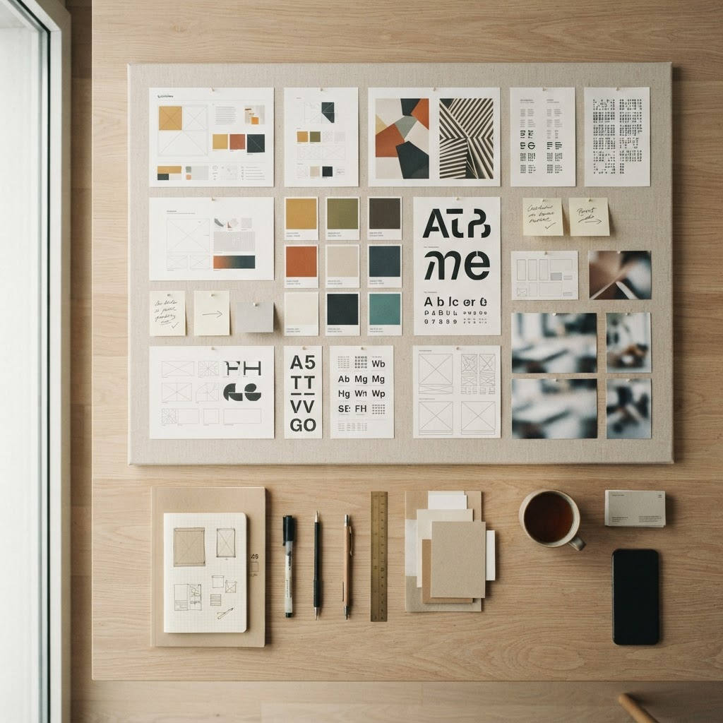 Flat-lay of brand guidelines, colour swatches and type specimens